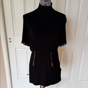 Women's Black Short-Sleeve Turtleneck Tunic with Gold Zippers